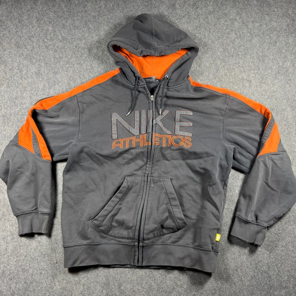 VTG Nike Athletics Mens Gray Orange Full Zip Hoodie Sweatshirt M Embroidered Y2K